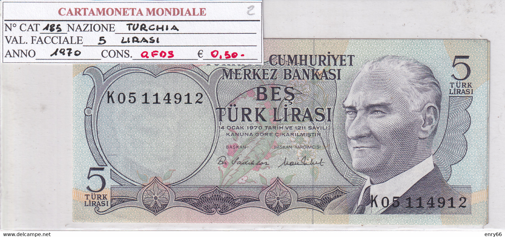 TURCHIA 5 LIRASI 1970 P185 - Turquie