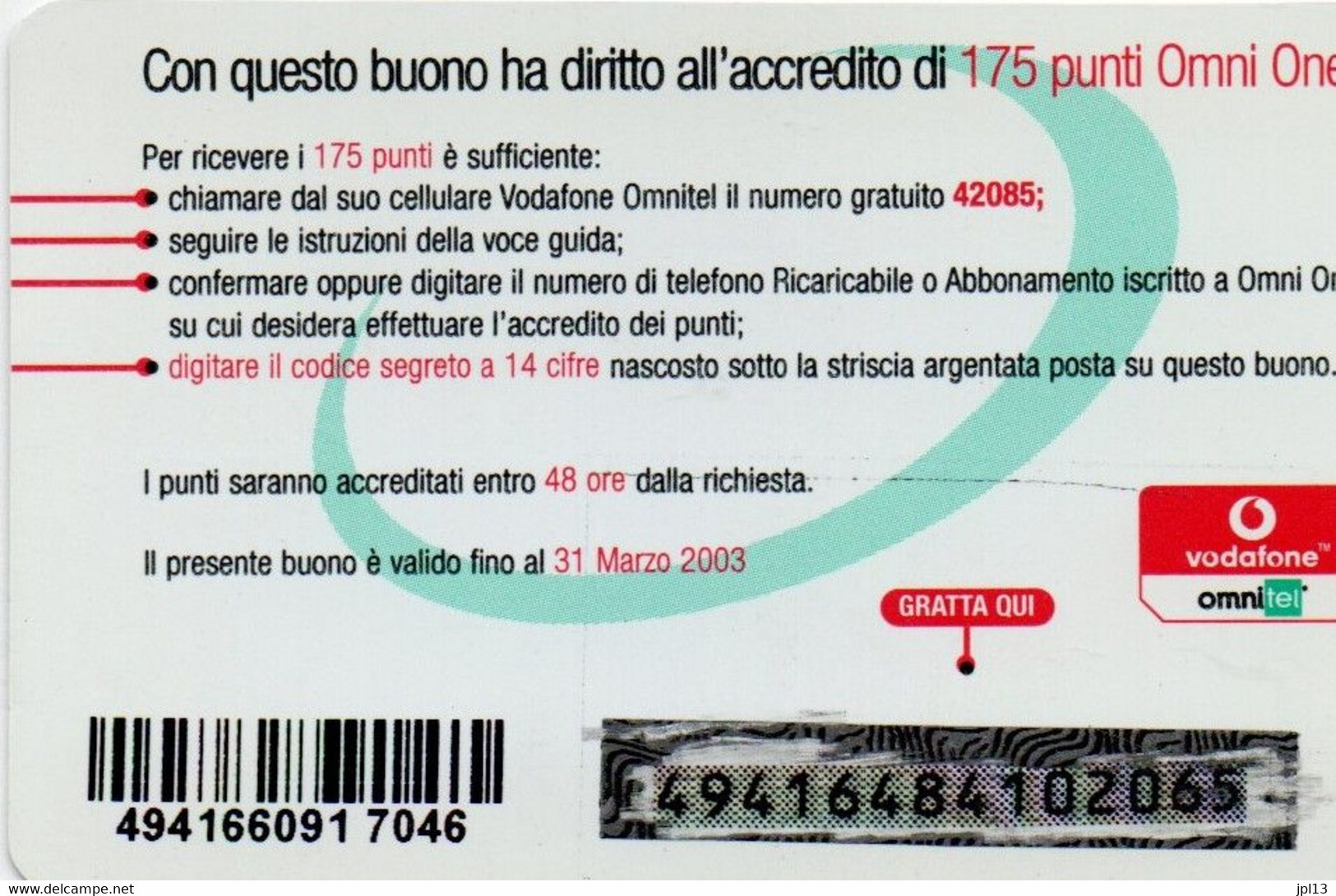 Recharge GSM - Italie - Vodafone - 175 Punti Omni One - Other & Unclassified