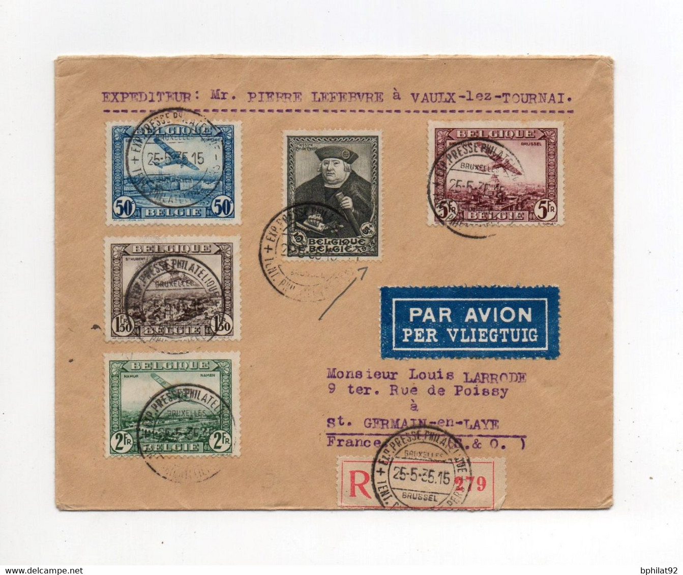 !!! BELGIQUE, LETTRE EXPRESS PAR AVION DE BRUXELLES DE 1935 POUR ST GERMAIN EN LAYE - Storia Postale