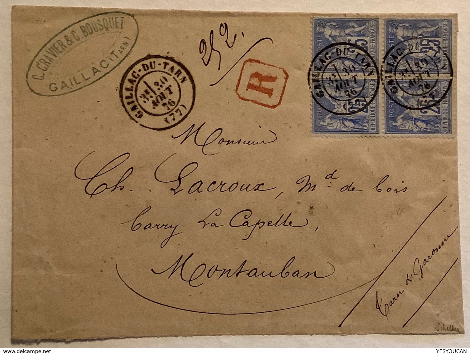 GAILLAC-DU-TARN 1876, SUPERBE Lettre Recommandé>Montauban Sage#78 25c Outremer Bloc De 4 Signé Scheller (France Cover - 1849-1876: Période Classique