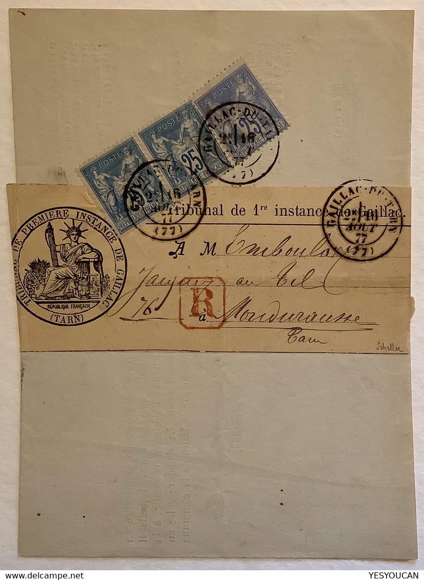 GAILLAC-DU-TARN 1877, Affr RR ! #78+79 Sage 25c OUTREMER + 25c BLEU Lettre Recommandé Signé Scheller (France Cover - 1877-1920: Période Semi Moderne