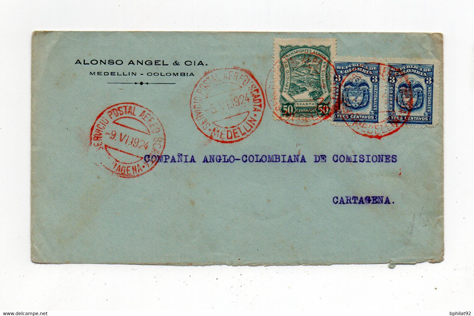 !!! COLOMBIE, LETTRE PAR AVION DE MEDELLIN POUR CARTAGENA DE 1924 - Colombia