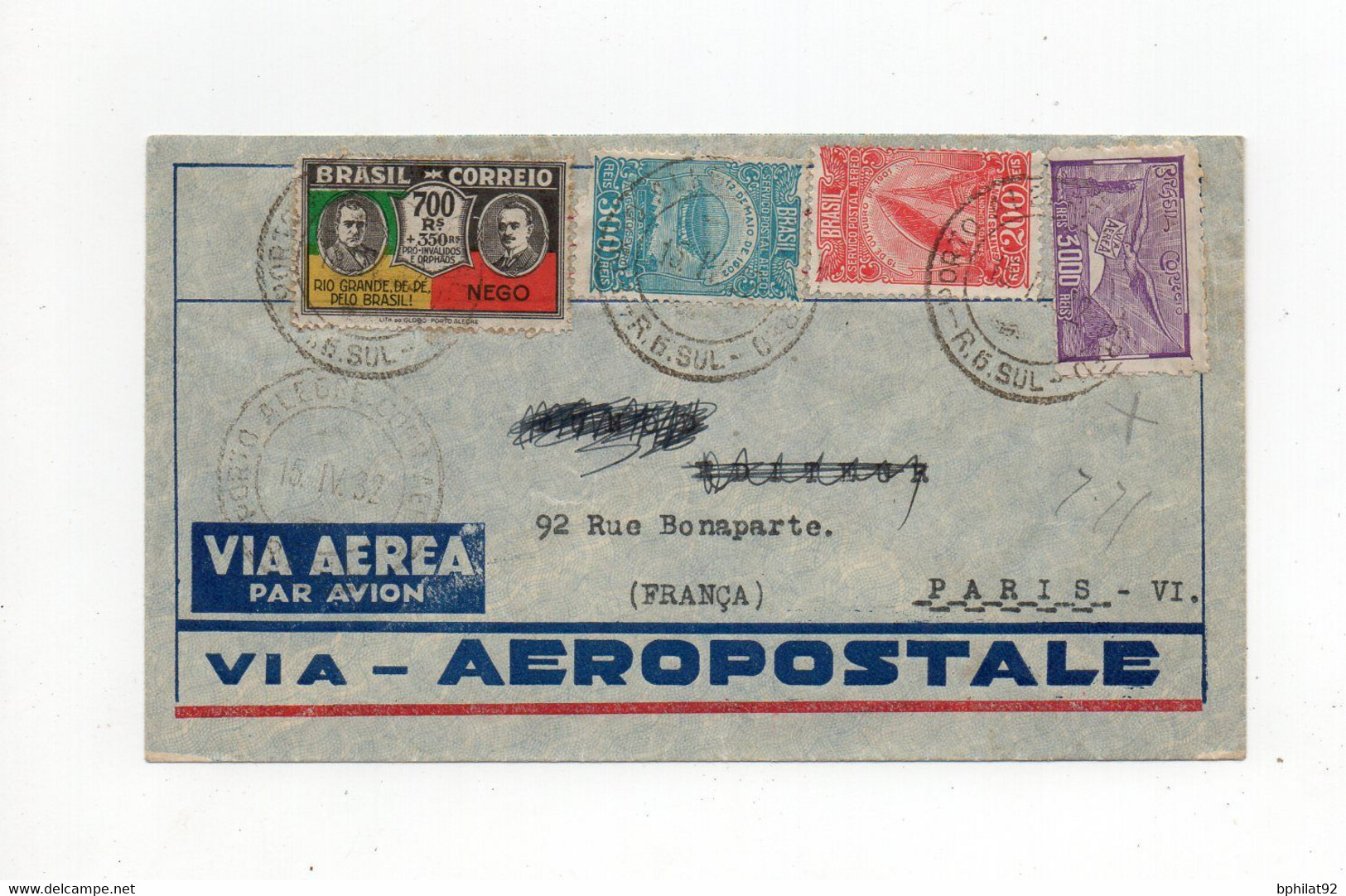 !!! BRESIL, LETTRE PAR AVION DE PORTO ALLEGRE DE 1932 POUR PARIS, VIA AEROPOSTALE - Poste Aérienne