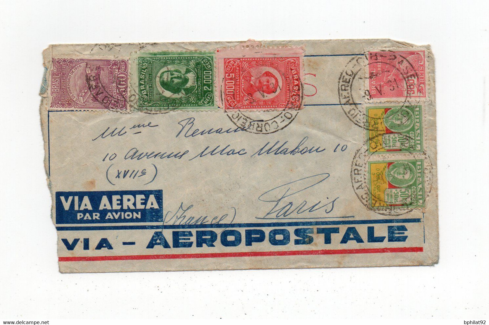 !!! BRESIL, LETTRE PAR AVION DE RIO DE 1931 POUR PARIS, VIA AEROPOSTALE - Poste Aérienne