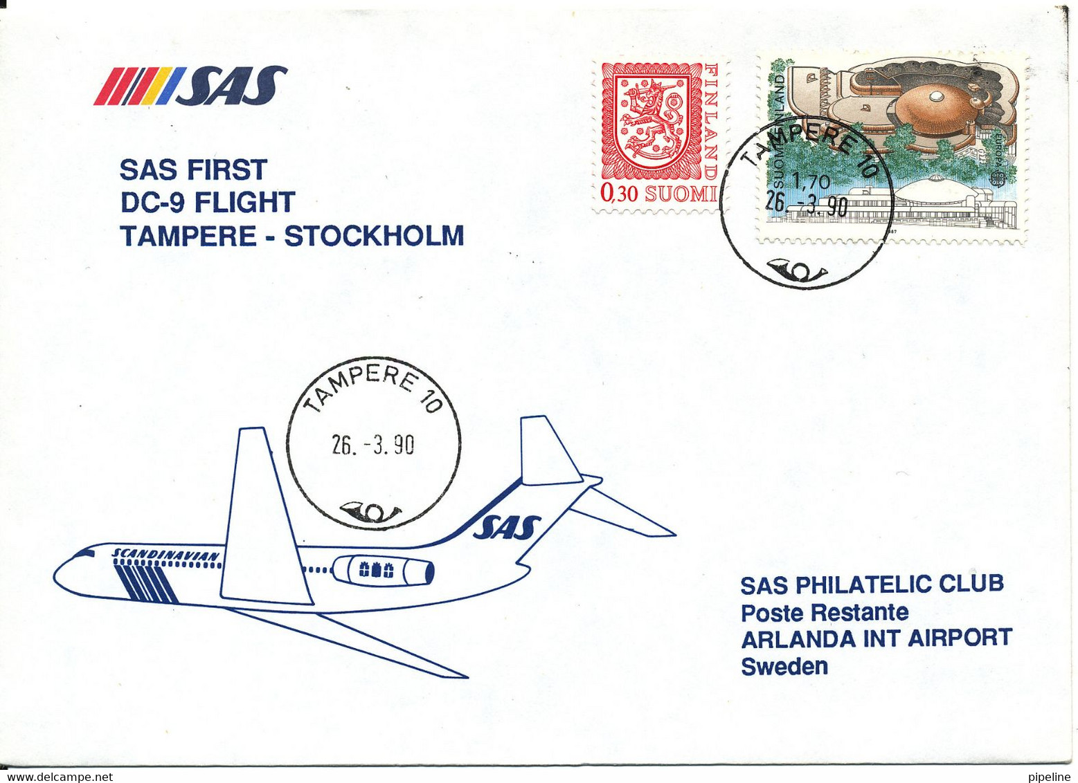 Finland First SAS DC-9 Flight Tampere - Stockholm 26-3-1990 - Storia Postale