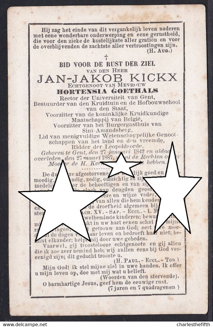 AVIS DE DECES - DOODSPRENTJE * RECTOR UNIVERSITEIT GENT ( RECTEUR UNIVERSITE GAND ) JAN JAKOB KICKX 1842 - 1887 * - Andachtsbilder