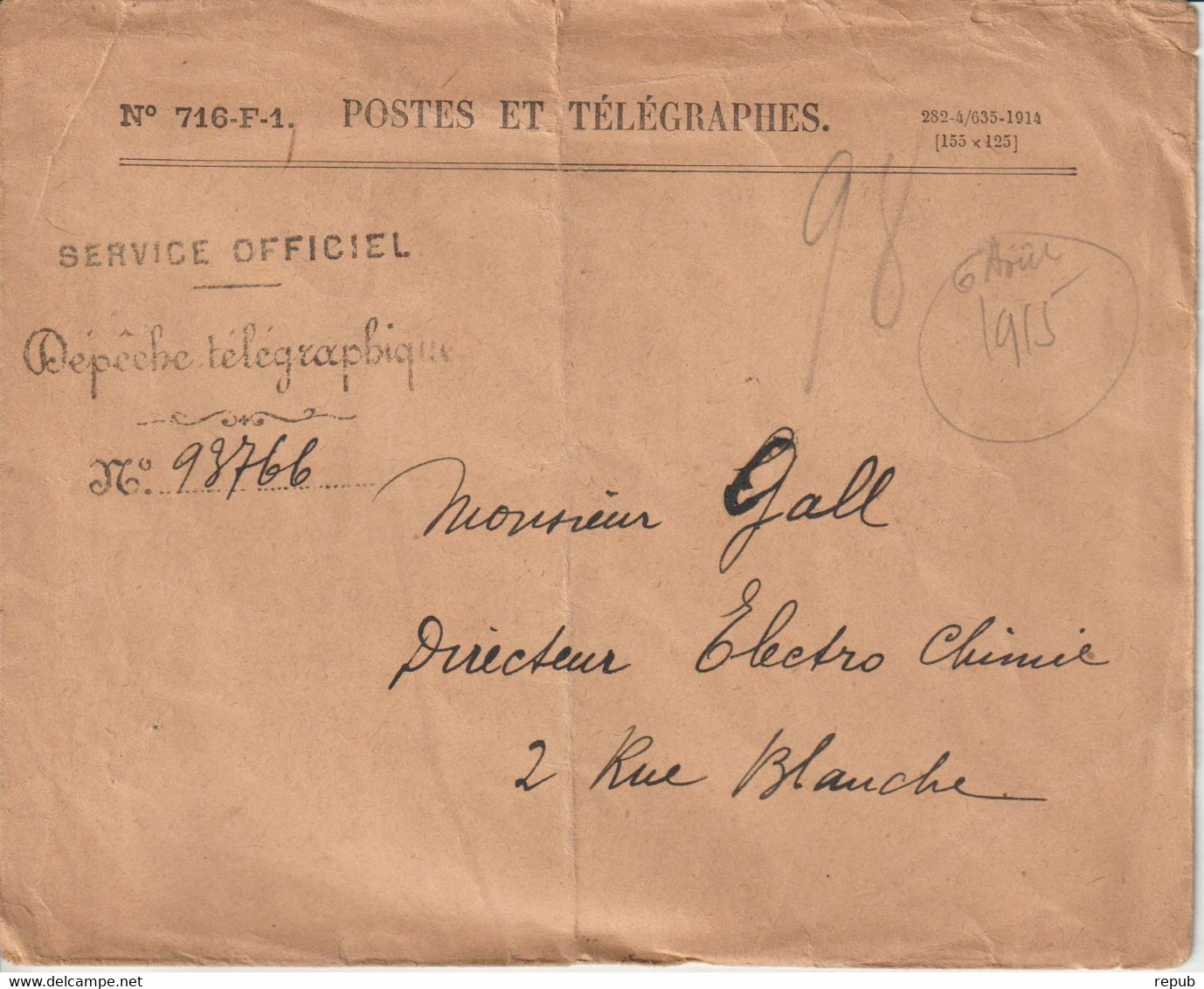 France 1915 Enveloppe PTT Service Dépeches Télégraphiques - 1877-1920: Période Semi Moderne