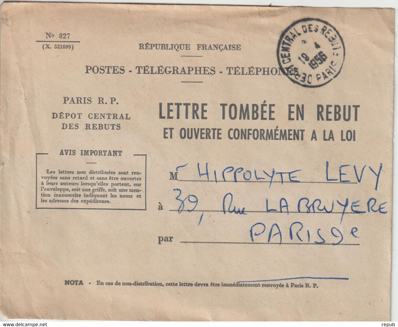 France 1956 Enveloppe PTT Paris RP Rebut Avec Oblit Dépot Central Des Rebuts Paris - 1921-1960: Moderne