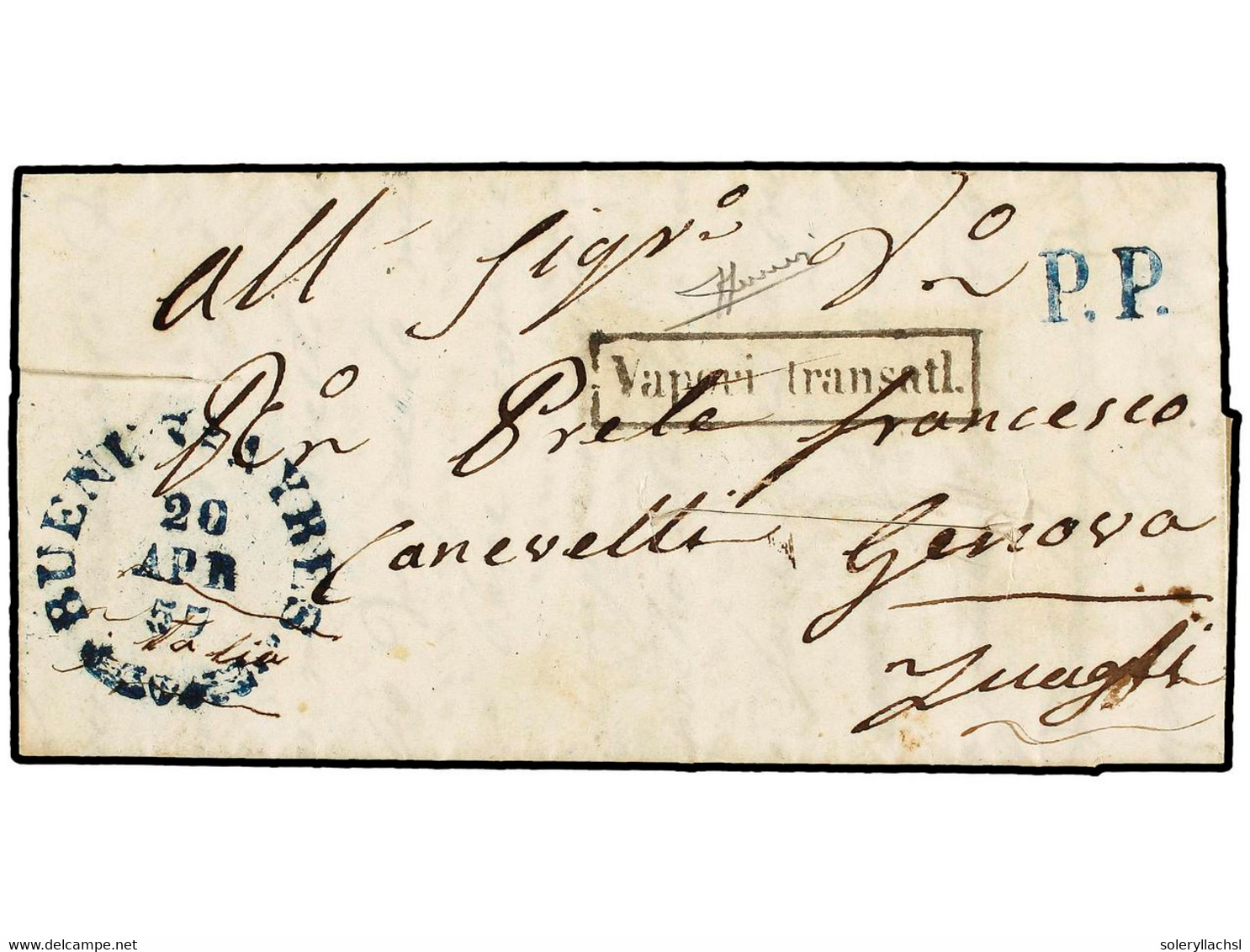 ARGENTINA. 1857. BUENOS AIRES To GENOA. Entire Letter With BUENOS AIRES Datestamp In Blue From The Sardinian Office In B - Autres & Non Classés