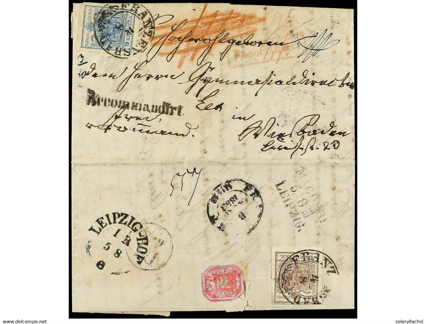 AUSTRIA. 1858. FRANZENSBAD A ALEMANIA. 6 K. Castaño Y 9 Kr. Azul Carta Certificada. Preciosa. - Sonstige & Ohne Zuordnung