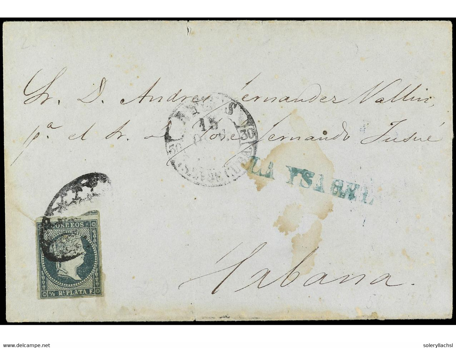 CUBA. 1855. LA ISABEL A LA HABANA. 1/2 Real Verde, Mat. Parrilla Colonial Y Fechador REYES/ISLA DE CUBA En Negro (RR1) Y - Sonstige & Ohne Zuordnung