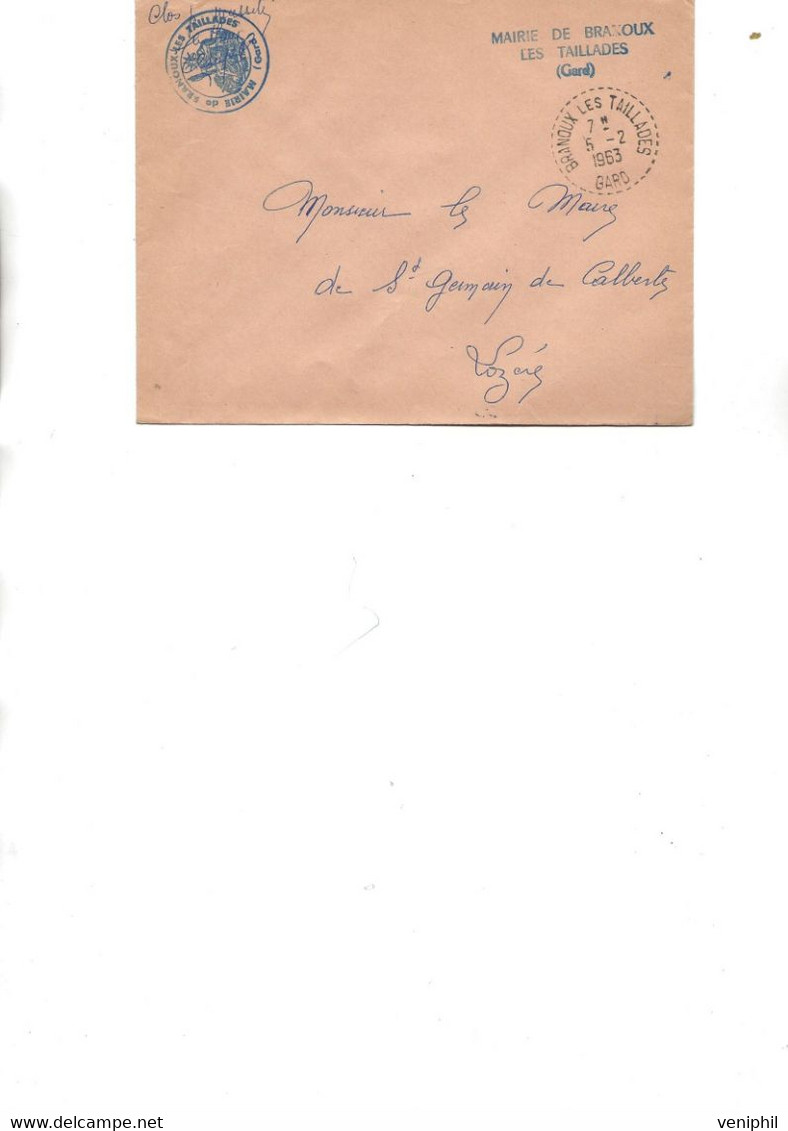 LETTRE EN FRANCHISE MAIRIE DE BRANOUX LES TAILLADES - GARD - OBLITERATION CAD POINTILLE  -1963 - 1961-....