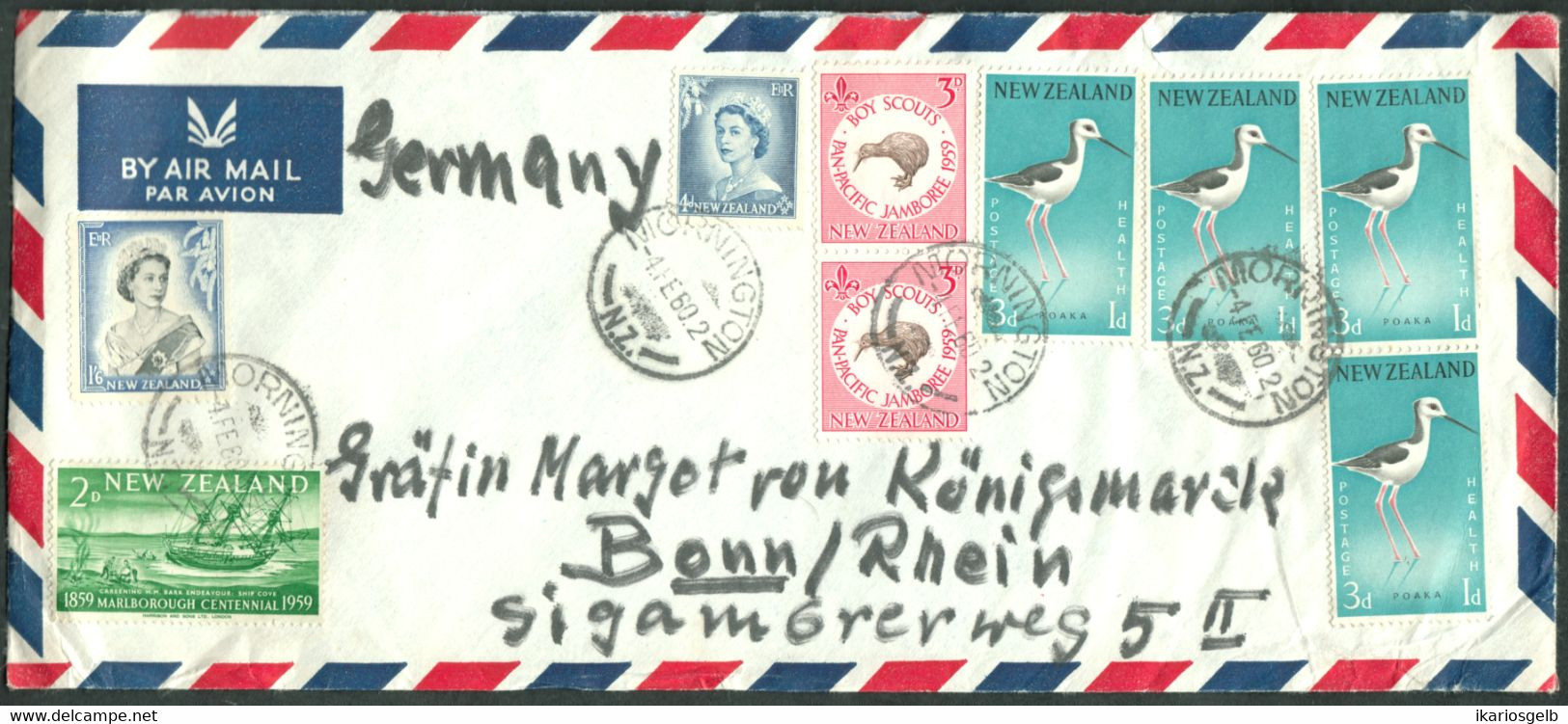 New Zealand Neuseeland 1960 Brief Deco 9-fach-Marken-frankiert Luftpost Airmail Par Avion > Germany Bonn - Posta Aerea