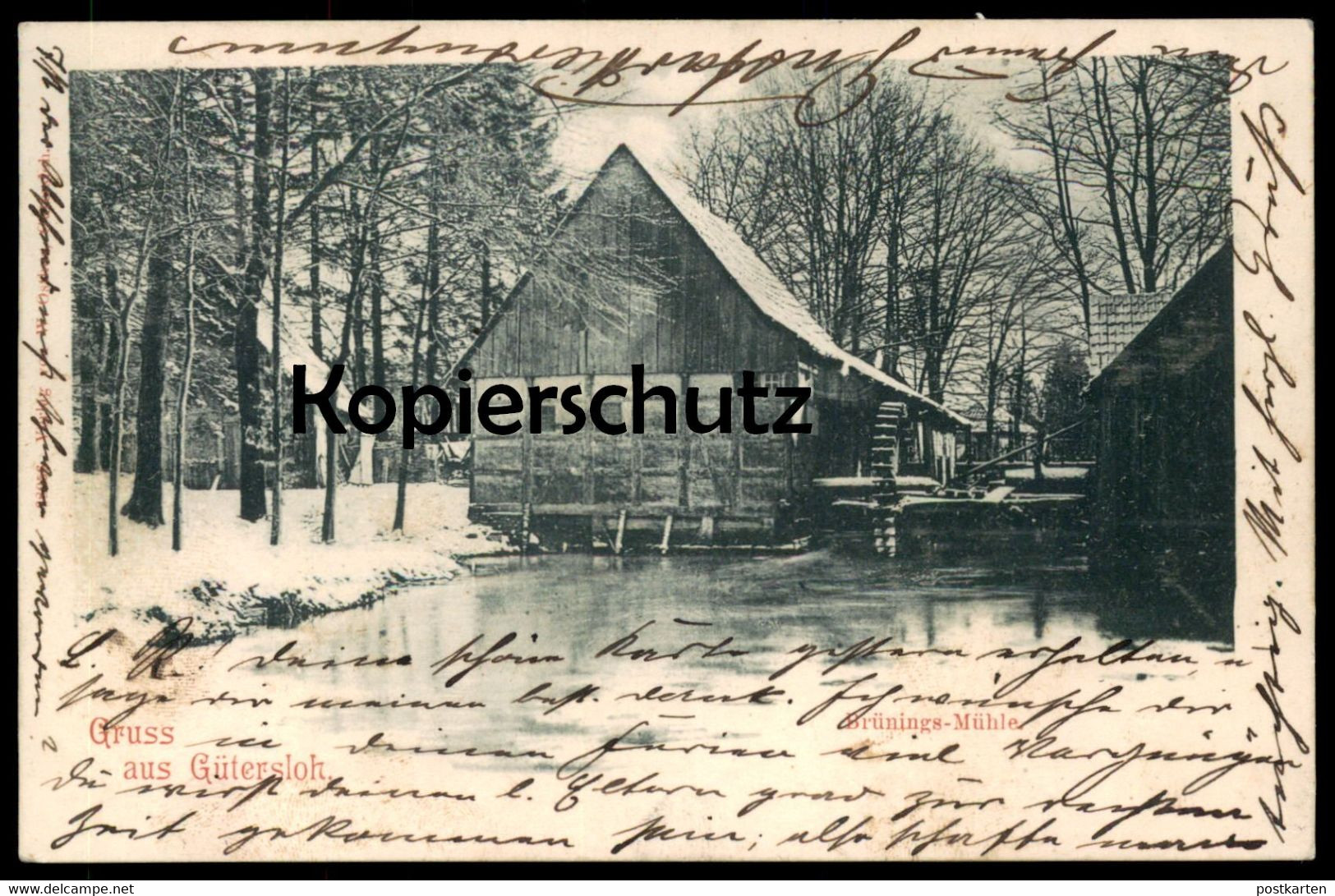 ALTE POSTKARTE GRUSS AUS GÜTERSLOH BRÜNINGS MÜHLE IM WINTER 1901 SCHNEE Snow Mill AK Ansichtskarte Postcard Cpa - Guetersloh