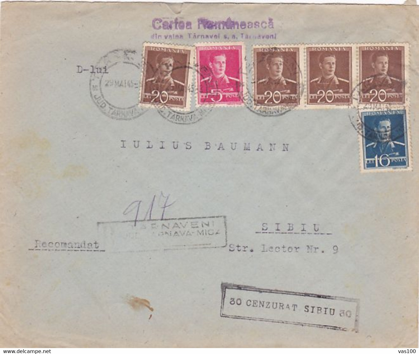 WW2, KING MICHAEL, CENSORED SIBIU 30, STAMPS ON REGISTERED COVER, 1945, ROMANIA - 2. Weltkrieg (Briefe)