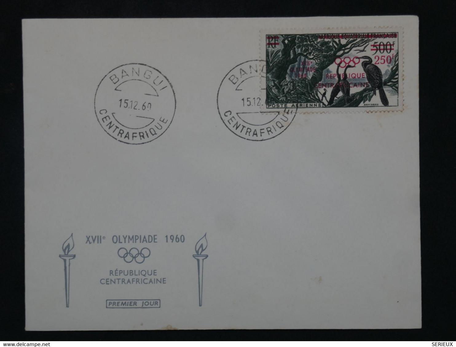W18 CENTRAFRIQUE  RR BELLE LETTRE  FDC 1960 XVII OLYMPIADE +500 FR SURCHARGé+++AFFRANCH. PLAISANT - Lettres & Documents