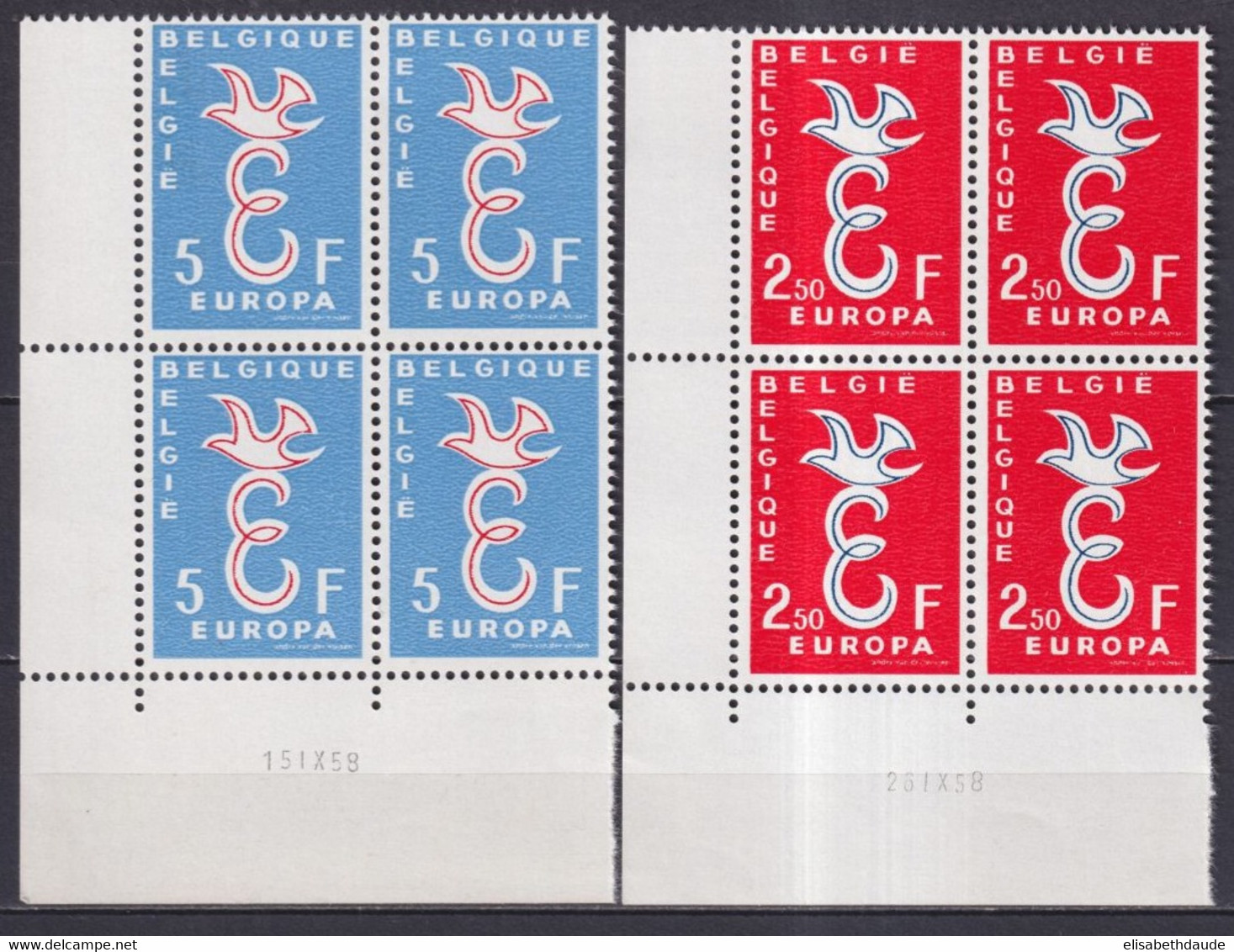 1958 - EUROPA / CEPT - BELGIQUE - YVERT N°1064/1065 BLOC De 4 COIN DATE ! ** MNH - COTE YVERT = 40++ EUR. - 1958