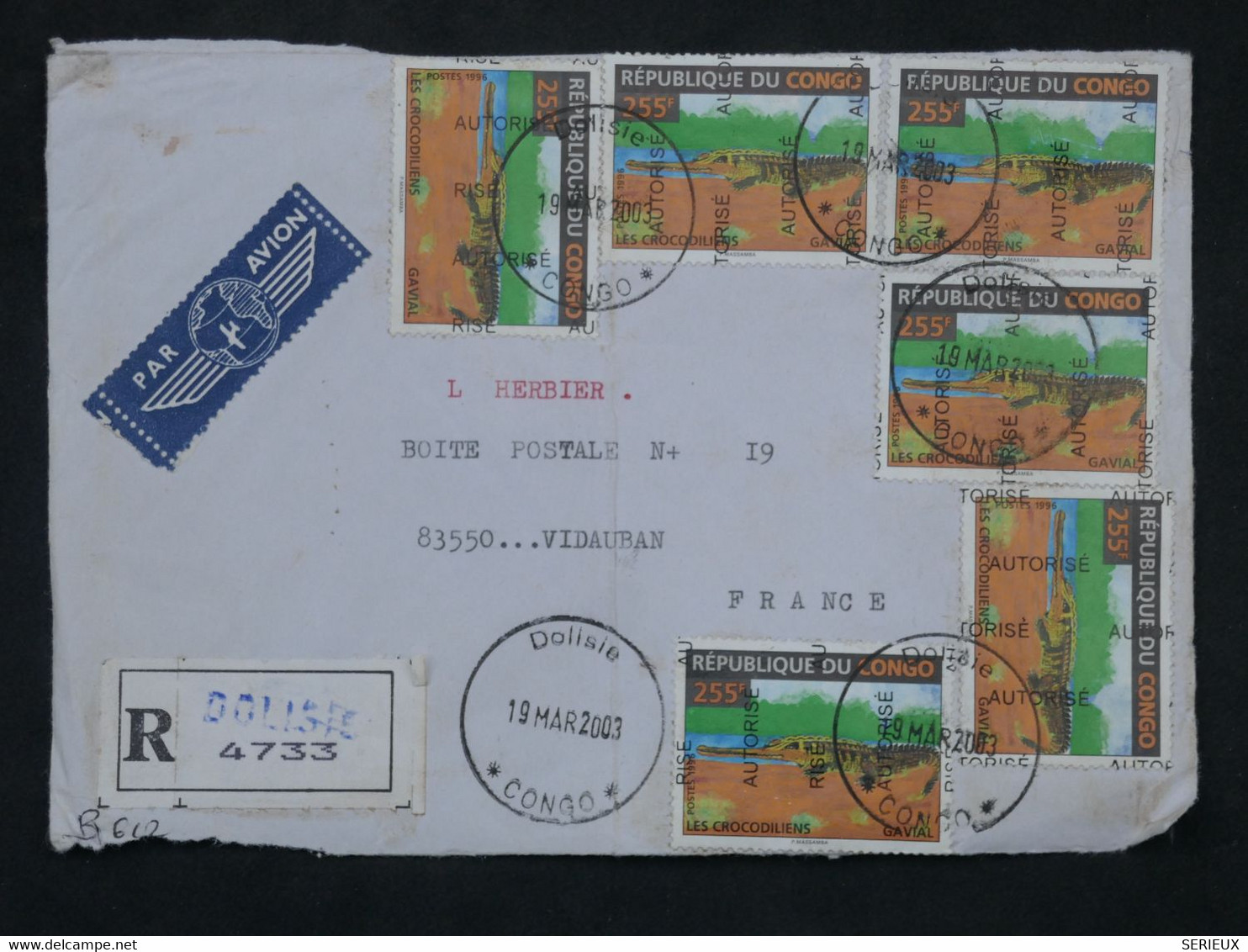 W18 CONGO  BELLE LETTRE RECOM. DEVANT   2003  DOLISIE A VIDAUBAN FRANCE ++AFFRANCH. PLAISANT - Lettres & Documents