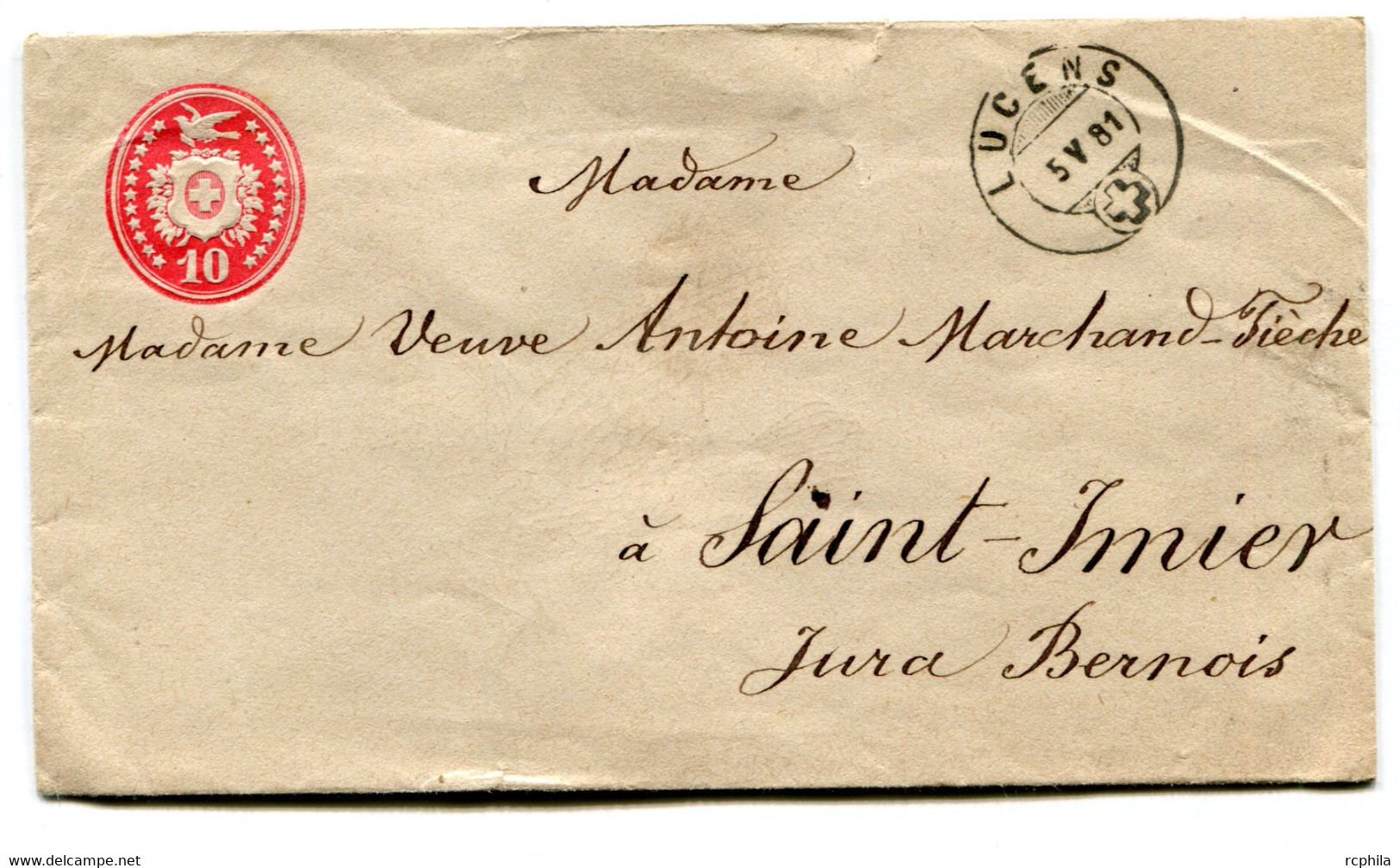 RC 24512 SUISSE 1881 LUCENS SUR ENTIER POSTAL A 10c POUR SAINT IMIER - Ganzsachen