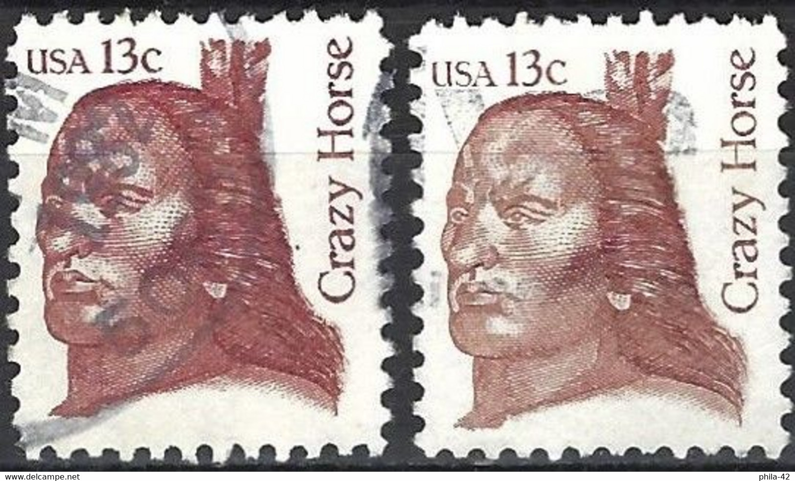 United States 1982 - Mi 1525 - YT 1374 ( Crazy Horse, Indian Chief ) Two Shades Of Color - Brown & Red Bown - Variétés, Erreurs & Curiosités