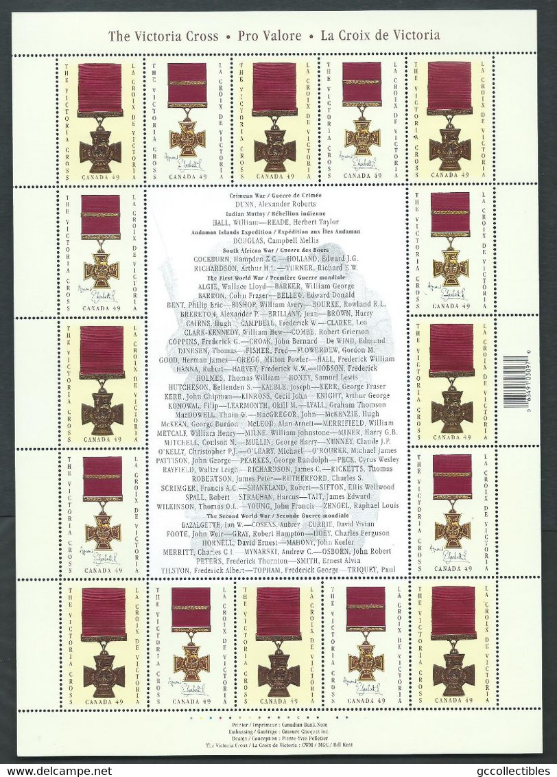 Canada - # 2066a Full Pane Of 16 + Centre Tab - Canadian Victoria Cross Winners - Hojas Completas