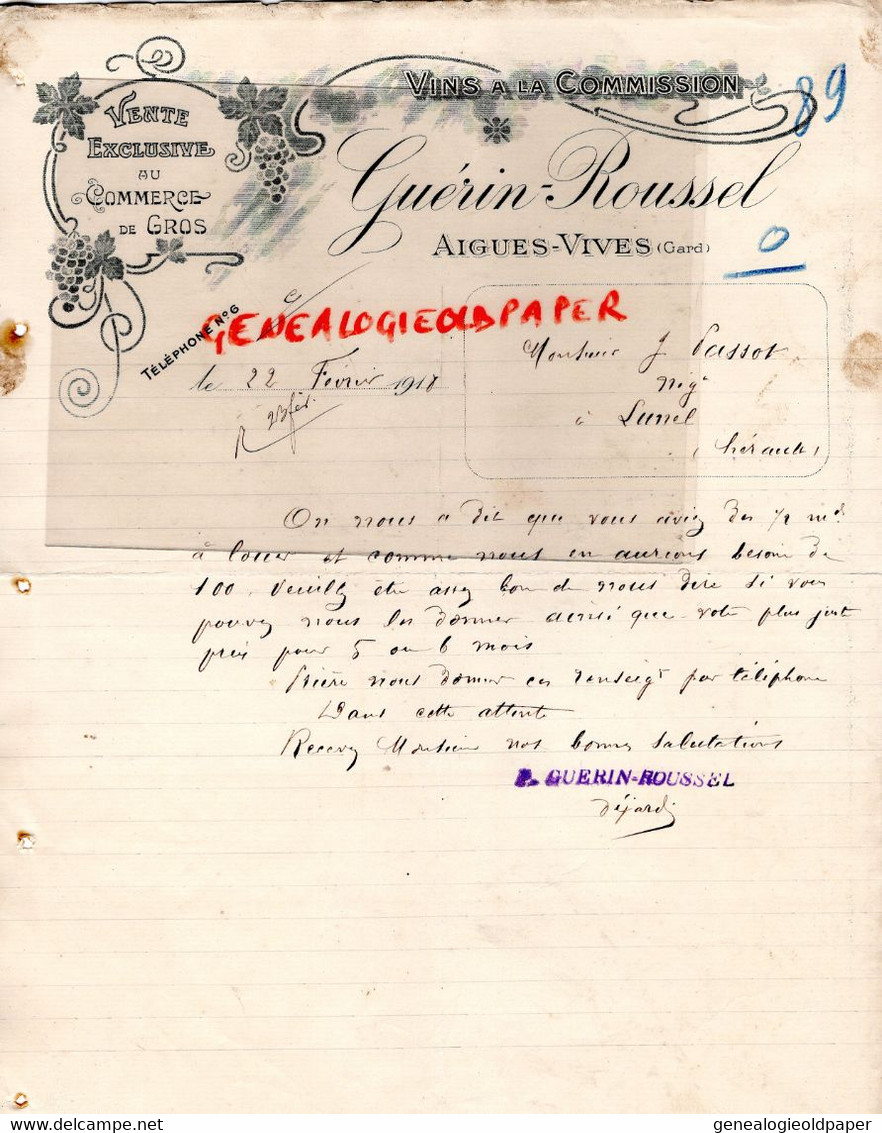 30- AIGUES VIVES- RARE LETTRE MANUSCRITE GUERIN ROUSSEL- MARCHAND VINS 1918- A PASSOT A LUNEL - Lebensmittel