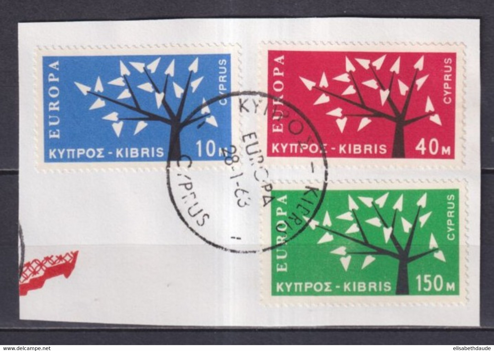 1962 - EUROPA - CHYPRE YVERT N°207/209 OBLITERES SUR FRAGMENT - COTE = 20 EUR. - 1962