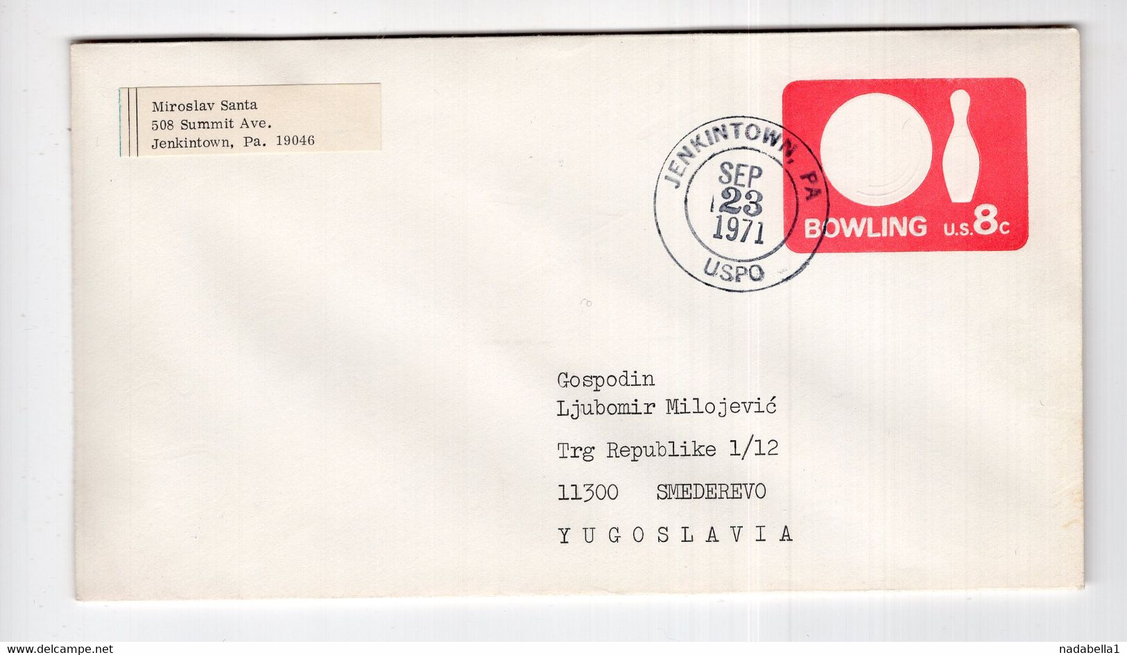 1971. UNITED STATES,JENKINTOWN TO YUGOSLAVIA,8c CENTS STATIONERY STAMPED COVER,USED - 1961-80