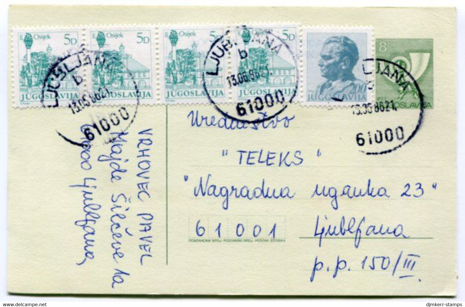 YUGOSLAVIA 1985 Posthorn 8 D. Stationery Card Used With Additional Franking.  Michel  P186 - Entiers Postaux