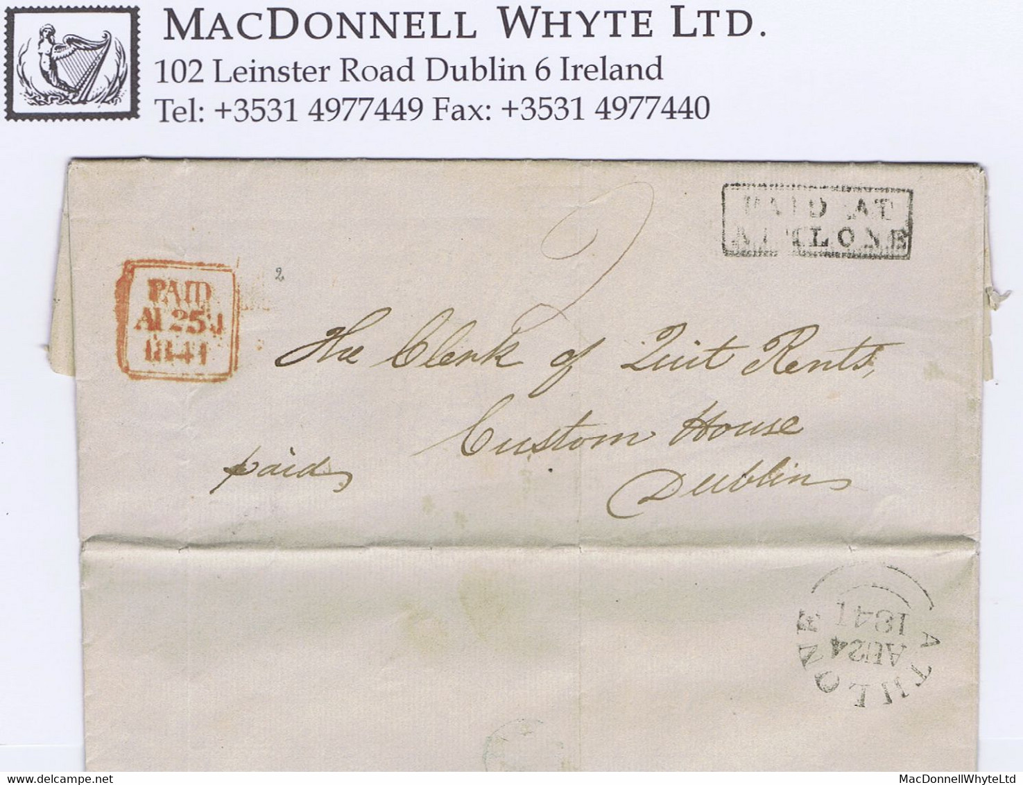 Ireland Westmeath Roscommon Uniform Penny Post Quit Rent 1841 Letter Excise Office To Dublin With PAID AT/ATHLONE - Préphilatélie