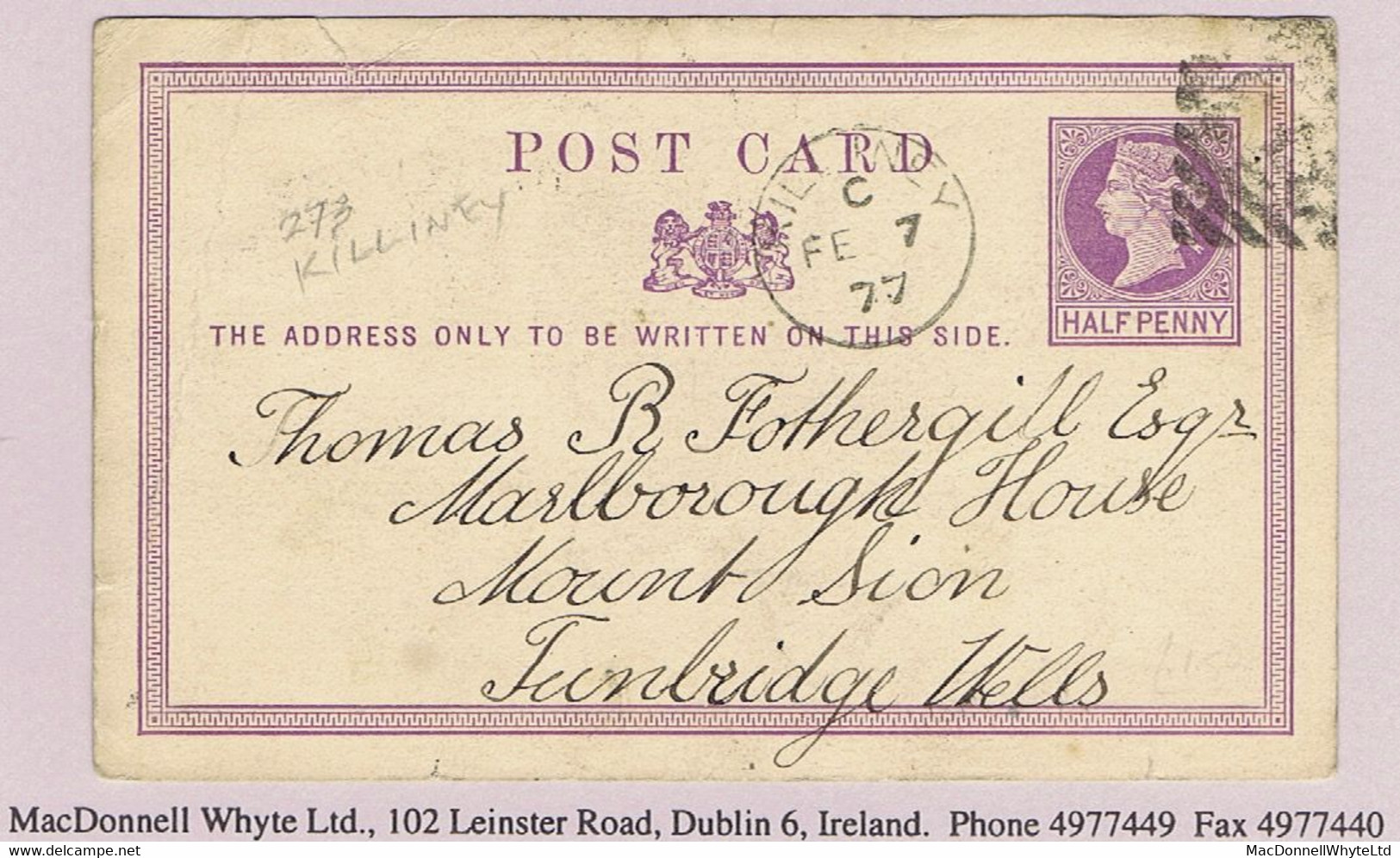 Ireland County Dublin 1877 "273" Numeral Diamond Of Killiney On Halfpenny Postcard To England, KILLINEY FE 7 77 - Prephilately