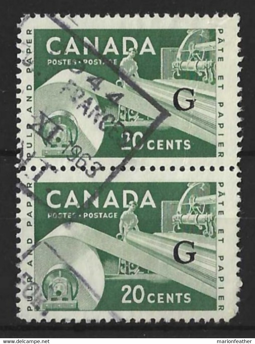 CANADA....QUEEN ELIZABETH..(1952-22..)......20c X VERTICAL PAIR.....SG0207a....OVERPRINT  TYPE 6...WRINKLED BACK. .USED. - Surchargés