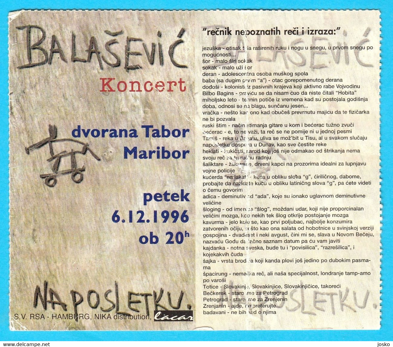 ĐORĐE BALAŠEVIĆ 1996.(Maribor Slovenia) Concert Ticket * Novi Sad Serbia Yugoslavia Jugoslawien Yougoslavie Jugoslavia - Entradas A Conciertos