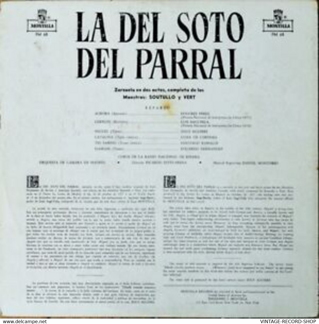 LA SOTO DEL PARRAL ZARZUELA BY SOUTULLO Y VERT- LUIS SAGI-VELA-DOLORES PEREZMONT - Wereldmuziek