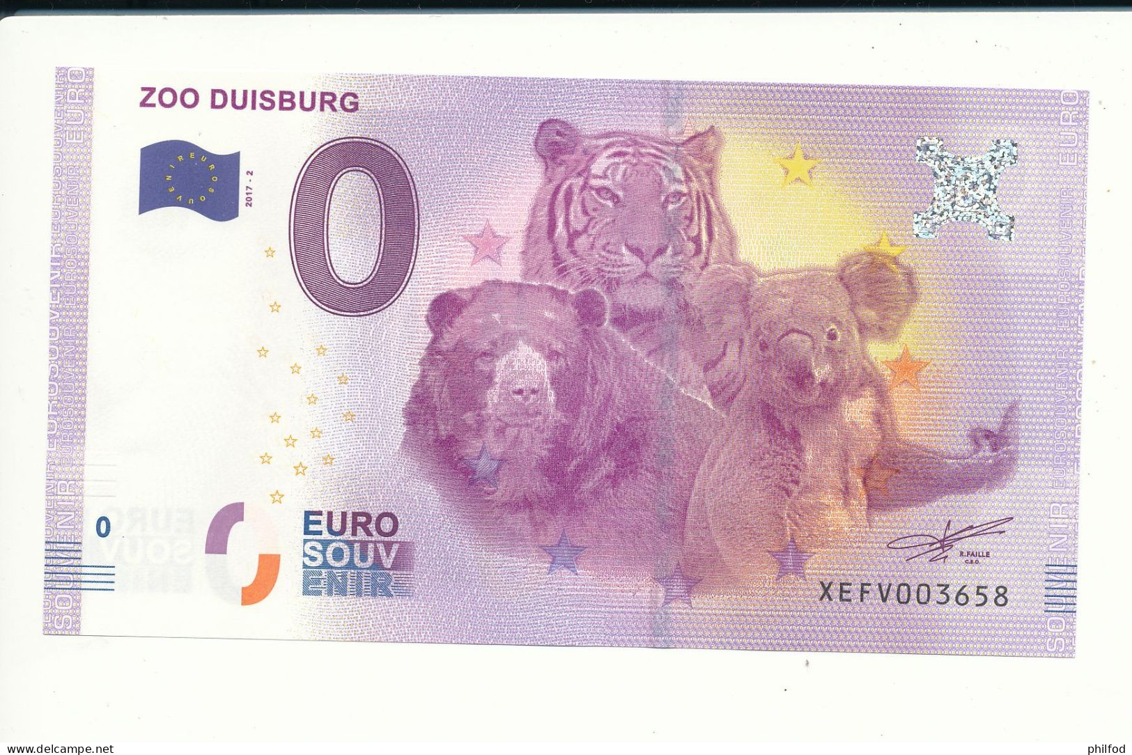 Billet Souvenir - 0 Euro - XEFV - 2017-2 - ZOO DUISBURG - N° 3658 - Billet épuisé - Alla Rinfusa - Banconote