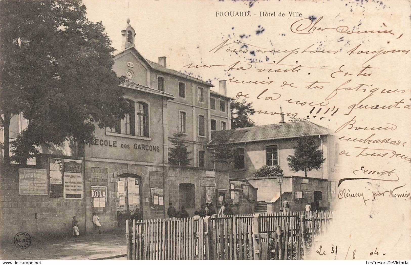 CPA Frouard - Hotel De Ville - Ecole Des Garçons - Oblit Ambulant Longuyon à Nancy 1904 - Mussey - Frouard