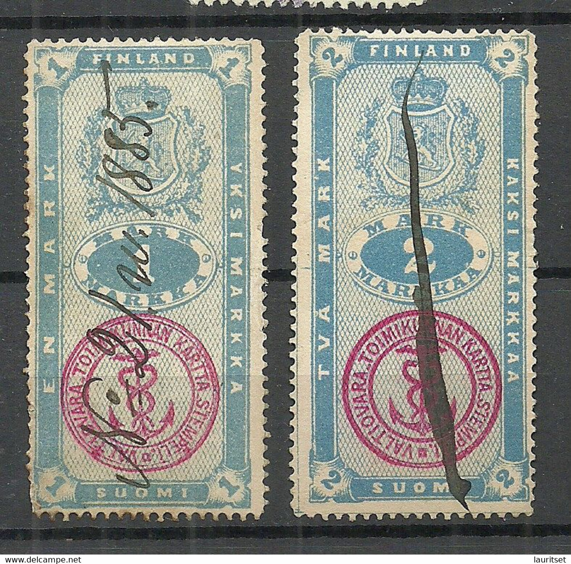 FINLAND FINNLAND O 1885 Stempelmarken Revenue Tax 1 Mark & 2 Mark Documantary Tax - Fiscale Zegels