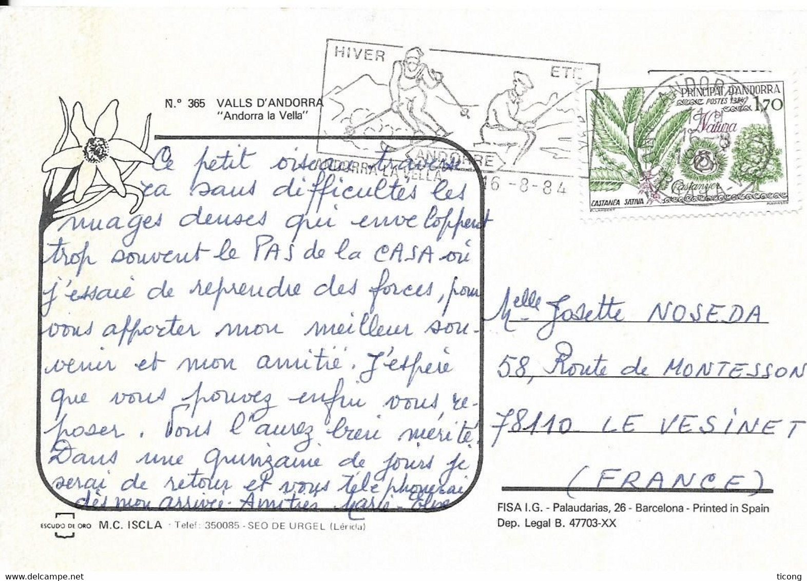 ANDORRE PROTECTION DE L ENVIRONNEMENT, ARBRE, PLANTE, FRUIT1984 - FLAMME SKI, PECHEUR - CARTE VUE D ANDORRE LA VIEILLE - Storia Postale