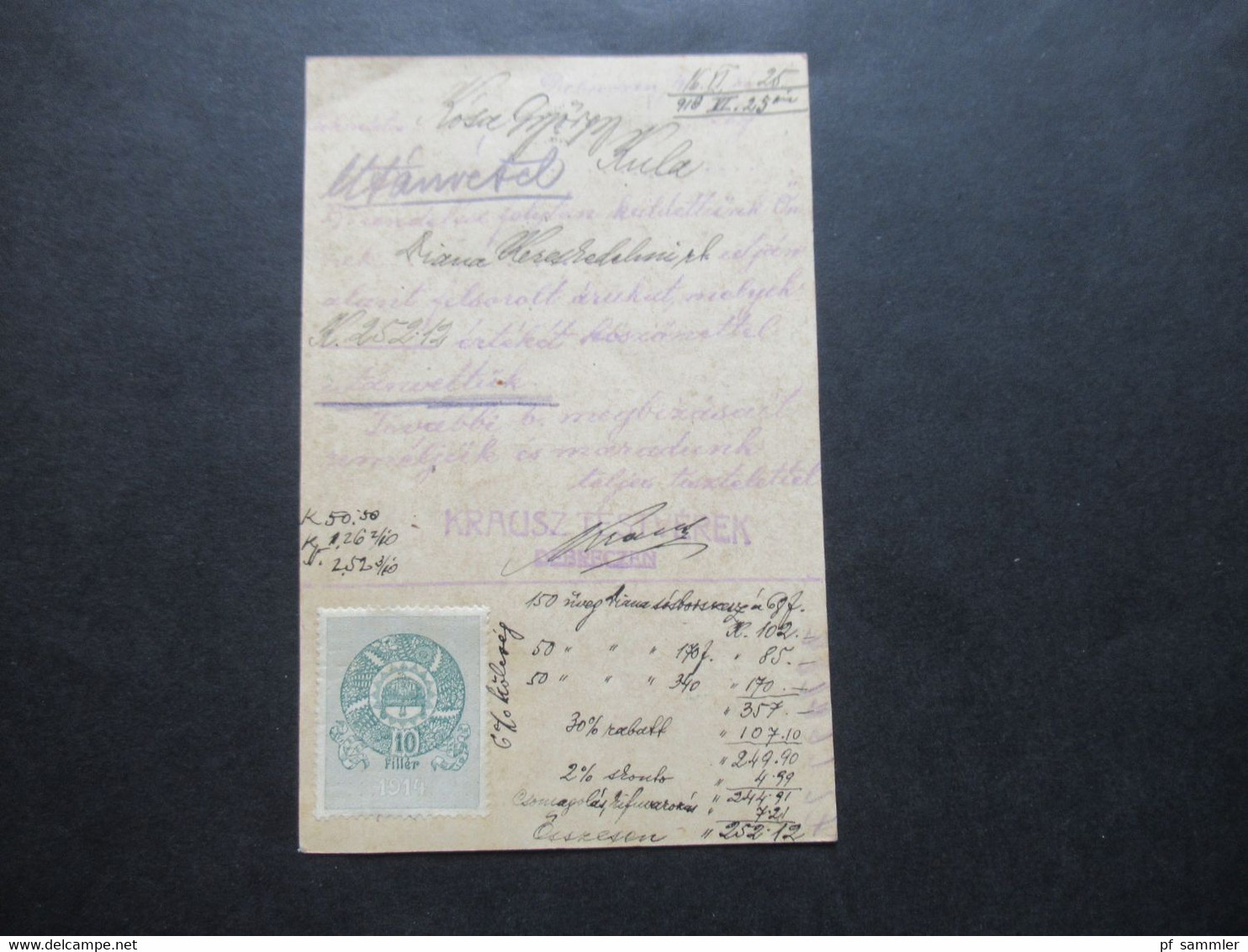 Ungarn 1925 Ganzsache Nach Kula Abs. Stempel Krausz Testverek Debreczen Rückseitig Fiskalmarke ?! Revenue ? - Postal Stationery