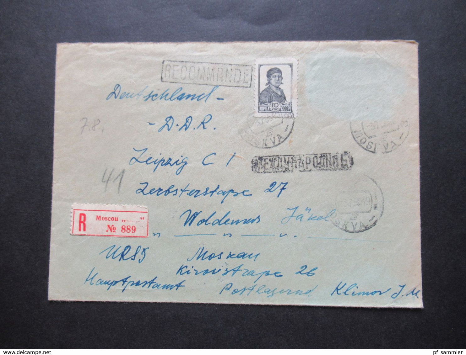 Russland UdSSR 1956 Auslandsbrief Nach Leipzig Einschreiben Recommande Moscou Und Ank. Stempel - Storia Postale