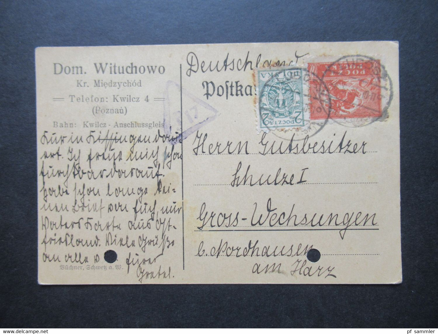 Polen 1921 Auslands PK Stempel Lubosz Abs. Dom. Wituchowo Kr. Miedzychod Bahn Kwilez / Dreieckstempel - Briefe U. Dokumente