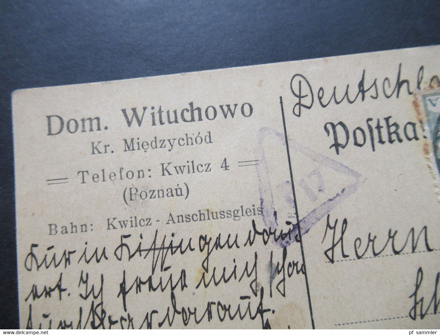 Polen 1921 Auslands PK Stempel Lubosz Abs. Dom. Wituchowo Kr. Miedzychod Bahn Kwilez / Dreieckstempel - Covers & Documents