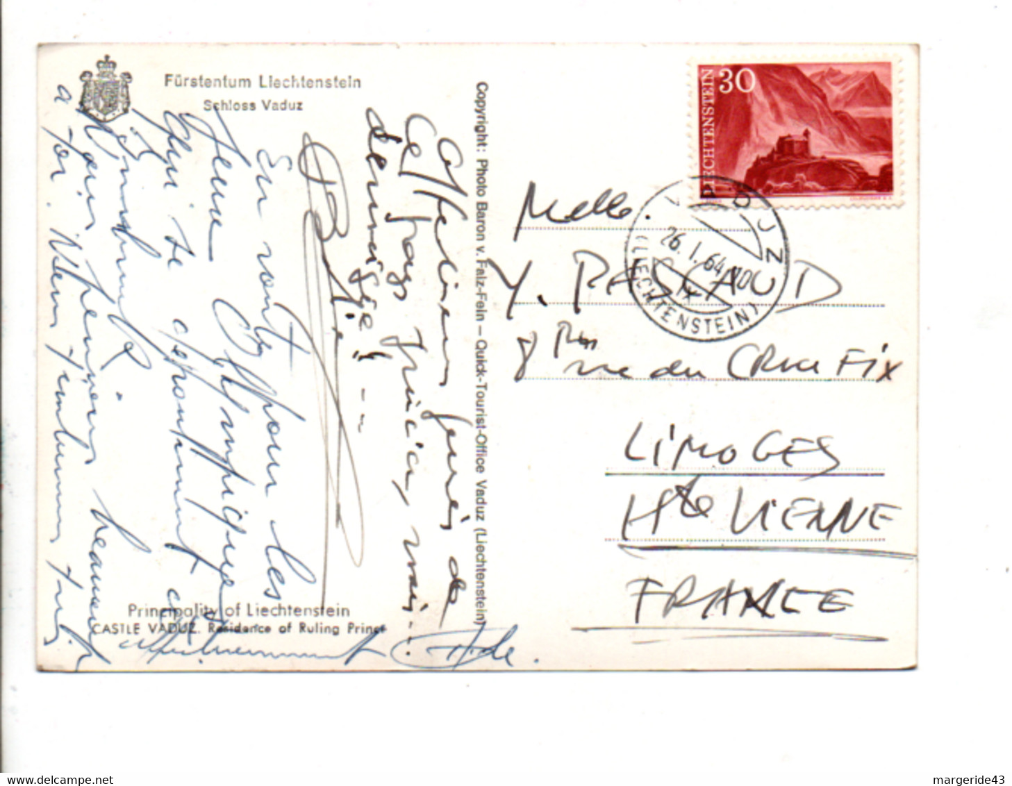 LIECHTENSTEIN SEUL SUR CARTE POUR LA FRANCE 1964 - Lettres & Documents