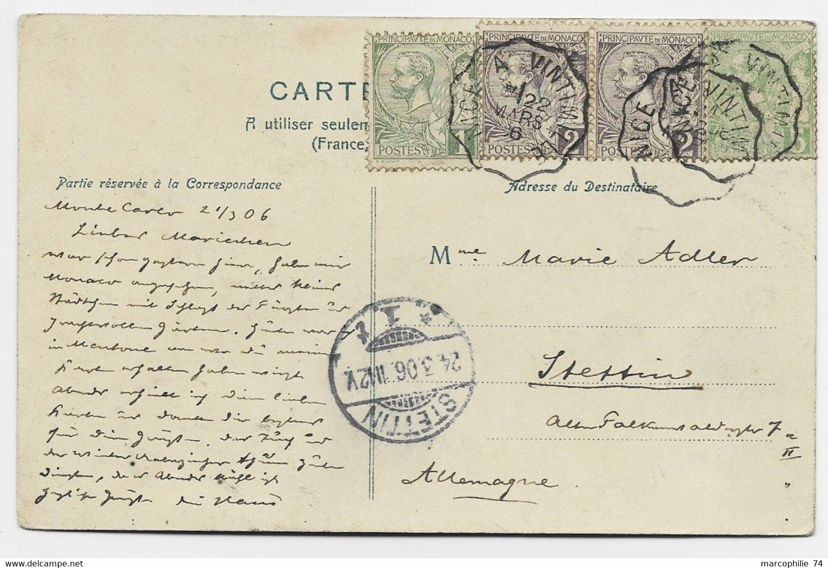 MONACO 1C+2CX2+5C CARTE CONVOYEUR NICE A VINTIMILLE 22 MARS 06 POUR ALLEMAGNE - Lettres & Documents