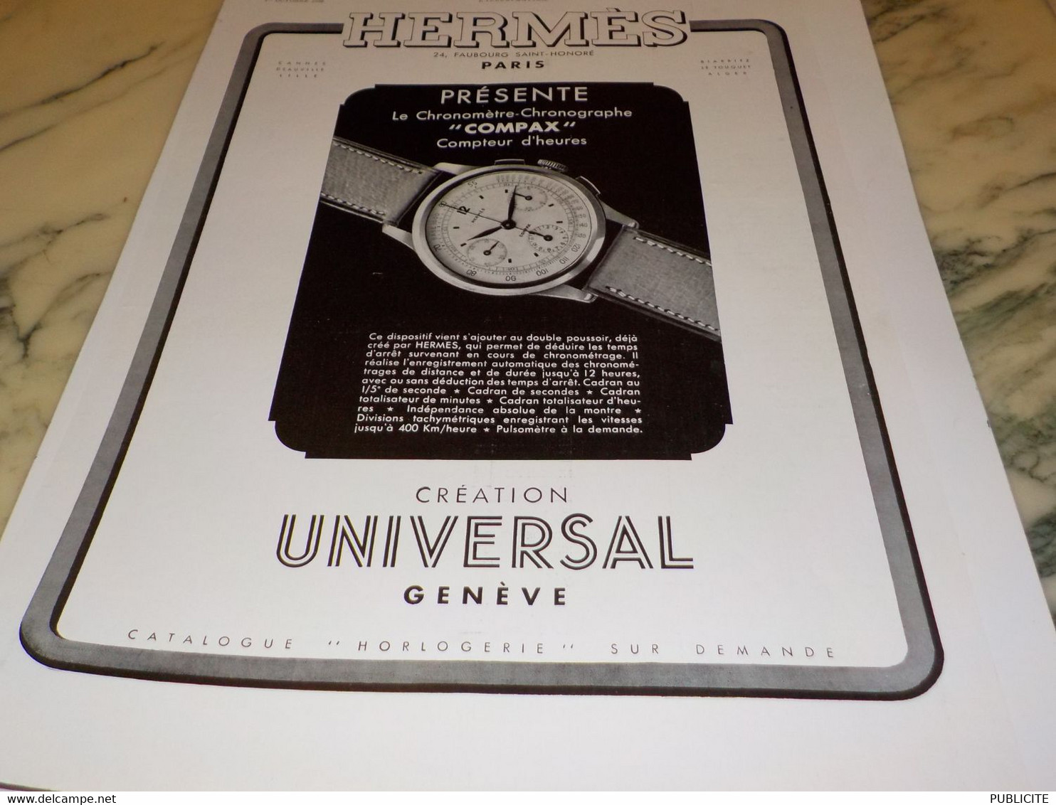 ANCIENNE PUBLICITE CHRONOMETRE COMPAX MONTRE HERMES  1938 - Other & Unclassified