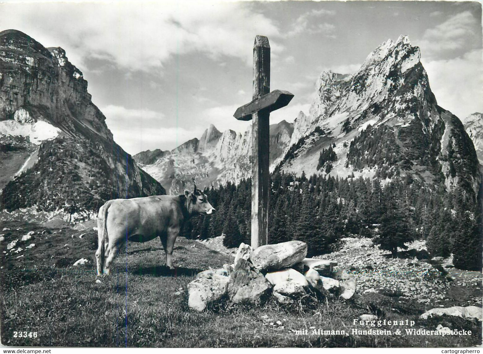 Postcard Switzerland Furgglenalp Mit Altmann Hundstein & Widderalpstocke Cow Mountain Scenery Cross - Stein