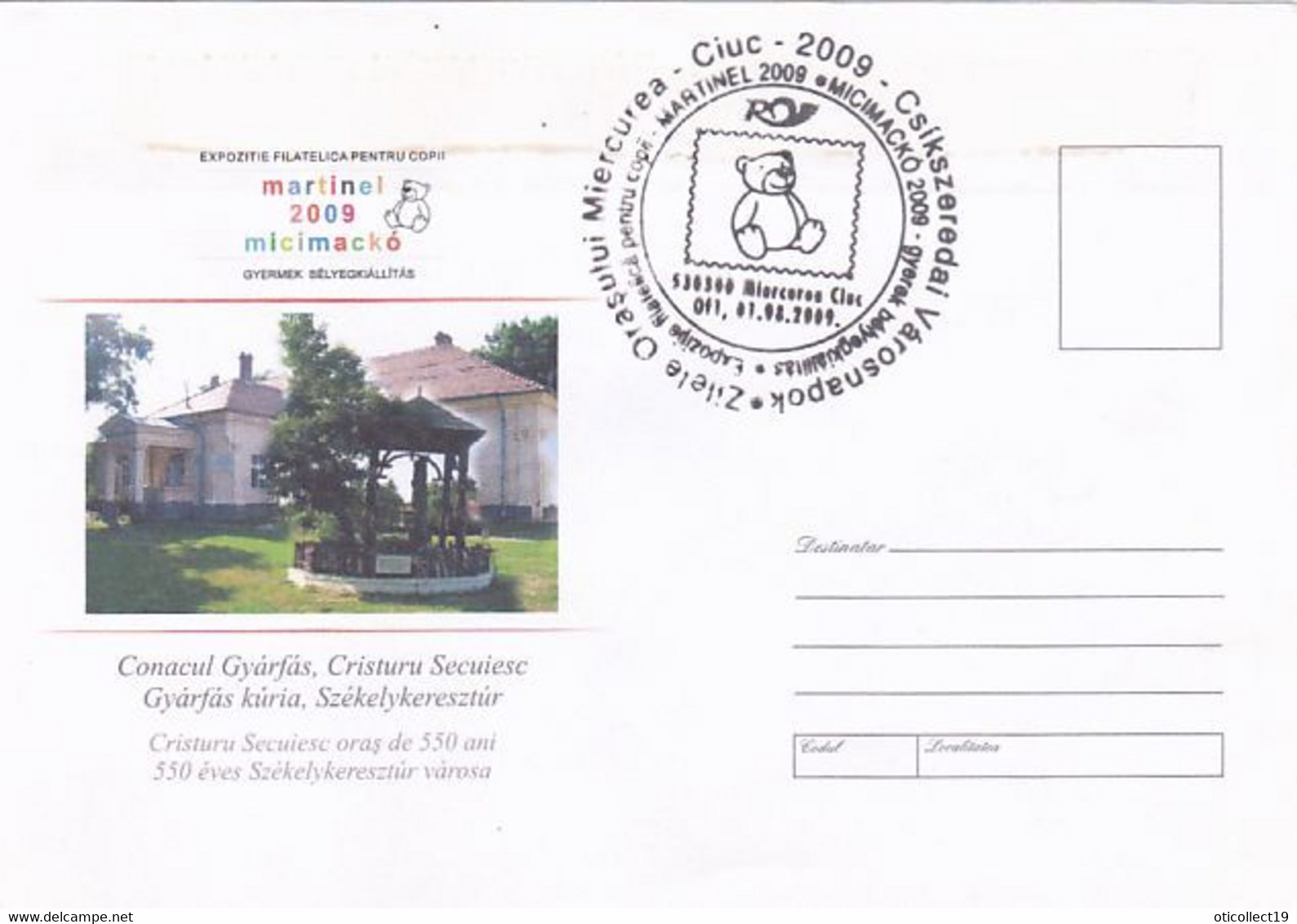 CRISTURU SECUIESC- GYARFAS MANOR, MARTINEL CHILDRENS PHILATELIC EXHIBITION, SPECIAL COVER, 2009, ROMANIA - Lettres & Documents