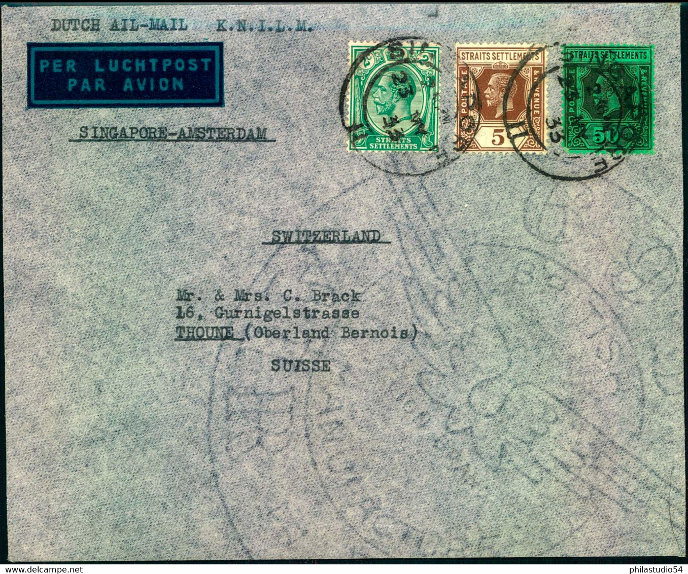 1933, Air Mail Via "KLM" From SINGAPORE To Switzerland - Singapur (...-1959)