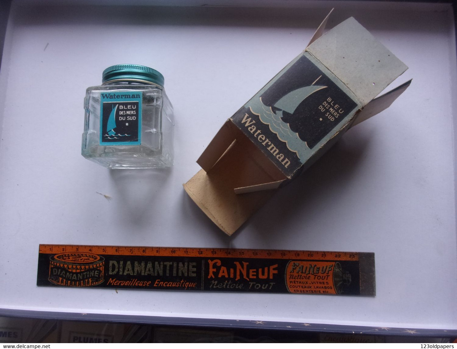 ♥️  VINTAGE BOUTEILLE ET CARTON EMBALLAGE WATERMAN BLEU DES MERS DU SUD ENCRE / - Inktpotten