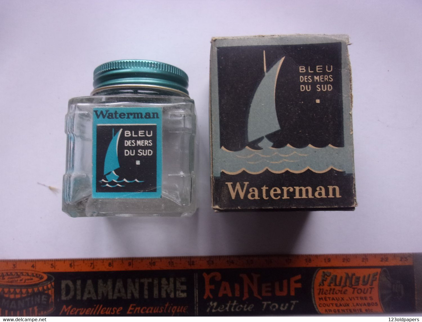 ♥️  VINTAGE BOUTEILLE ET CARTON EMBALLAGE WATERMAN BLEU DES MERS DU SUD ENCRE / - Encriers